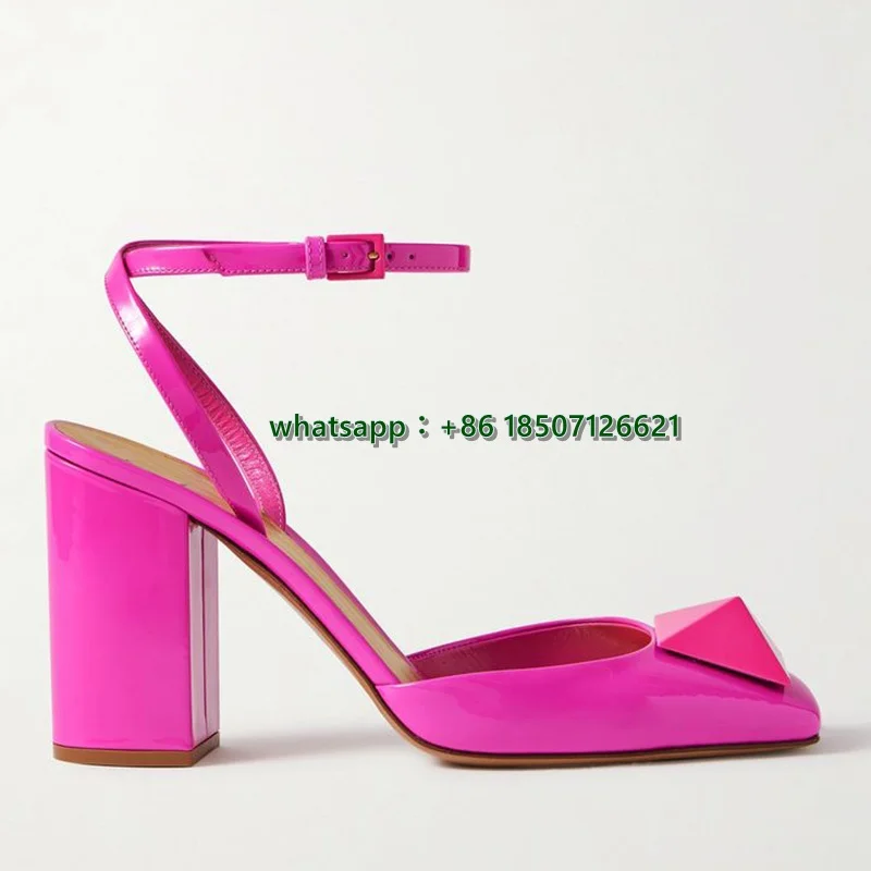 

Square Toe Thick Heel Ankle Strap One-Stud High Heels Solid Color Large Size Women's Shoes