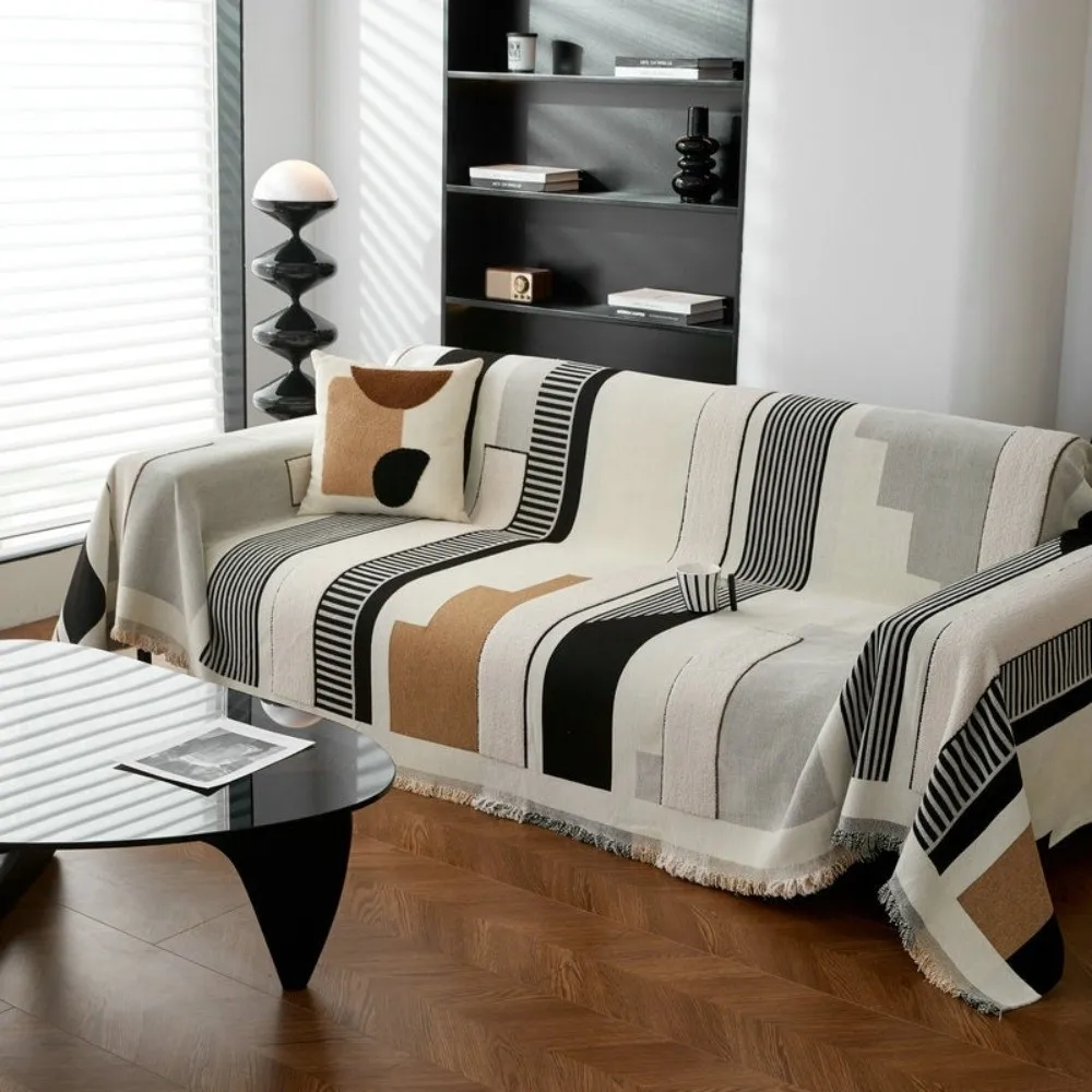 Full Cover Sofa Throw Cover with Tassels Non Slip Geometric Line Sofa Cover Scratch Proof Washable Chenille Couch Slipcover