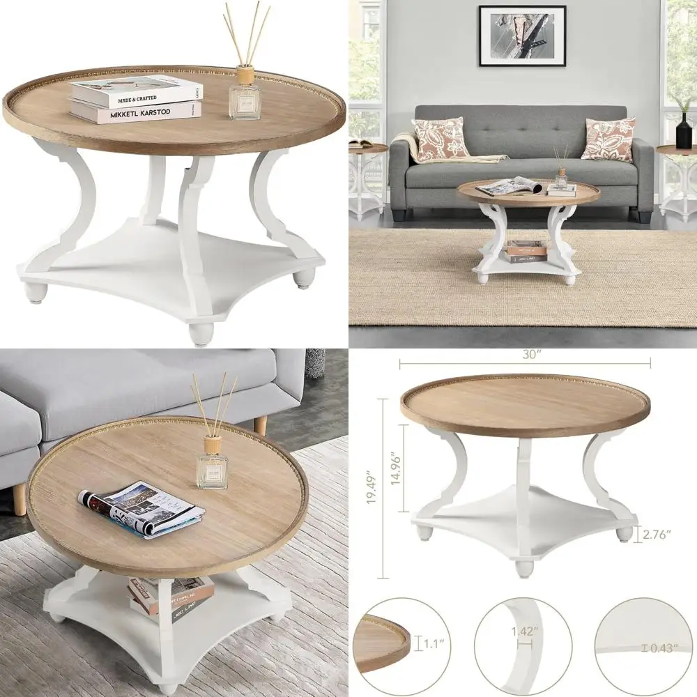 

Rustic Round Wood Coffee Table with Storage Shelf for Living Room and Dining Area