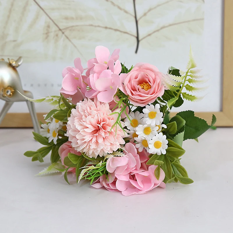 New Multicolor Mixed Flower Beautiful Pink Artificial Flower Hydrangea Dandelion SilkFake BouquetHome Wedding Decoration