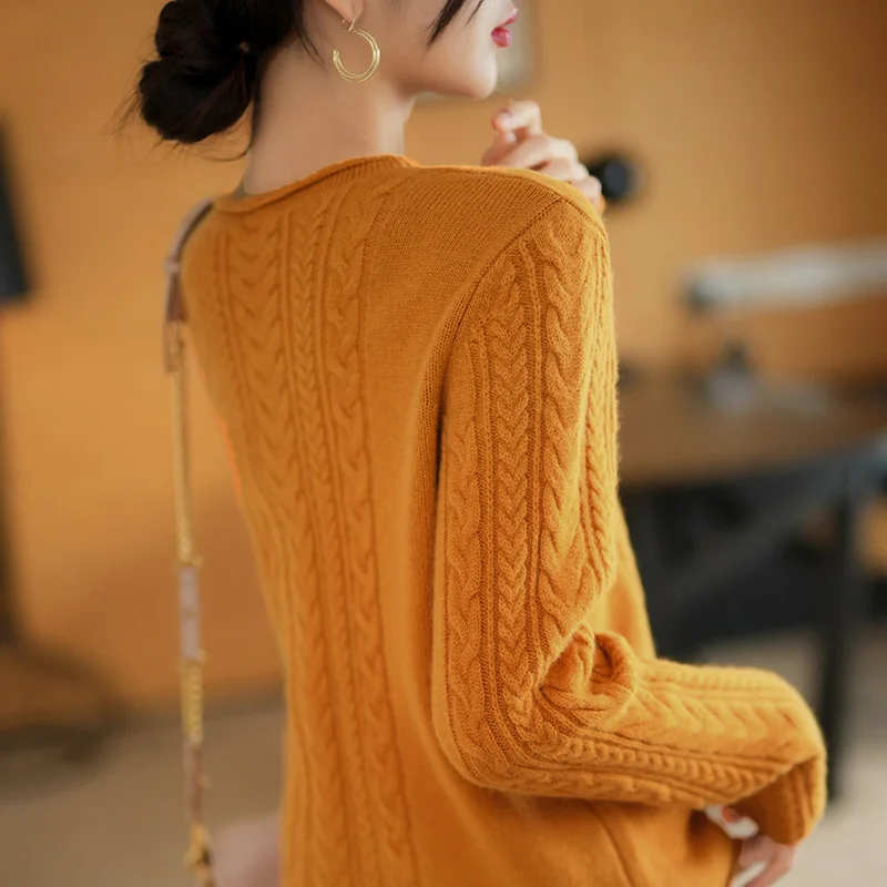 Autumn and Winter New 100% Pure Woolen Sweater Women's Curly Round Neck Pullover Solid Color Twisted Flower Undercoat Sweater