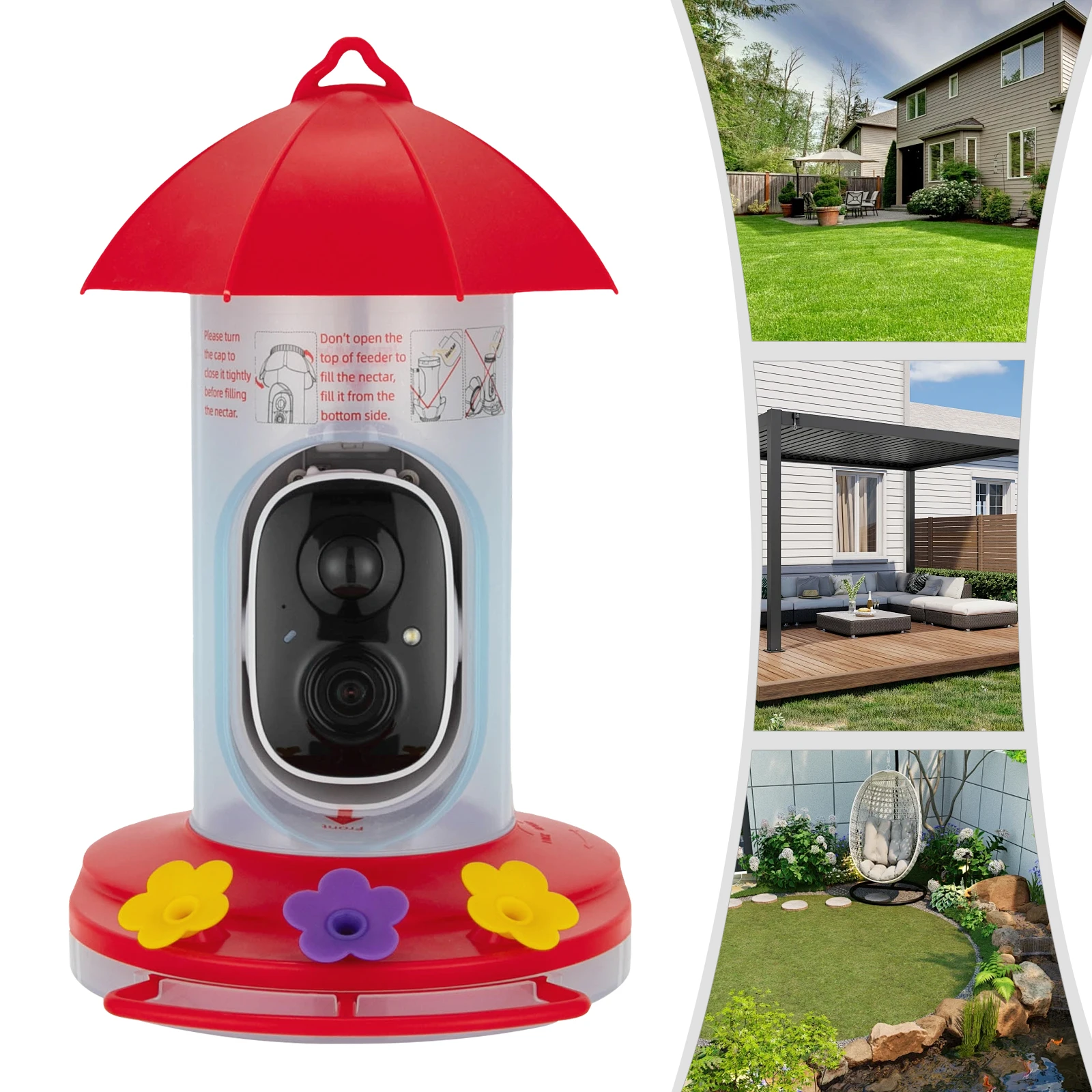 

Red/Clear Intelligent Video Bird Feeder—1080P 160° Wide Angle 10000+ AI Bird Recognition 5200mAh IP65 Waterproof 0.63Qt Capacity