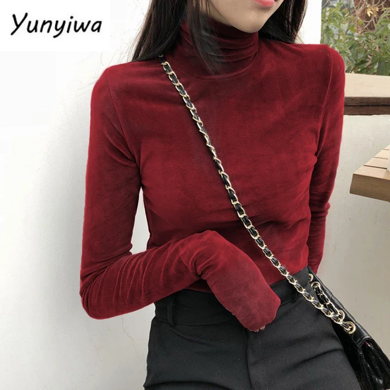 T-shirts Women Thickening Plus Velvet Solid Turtle Neck 7 Colors Long Sleeve Slim Lady Autumn Basic Tee All-match New Chic