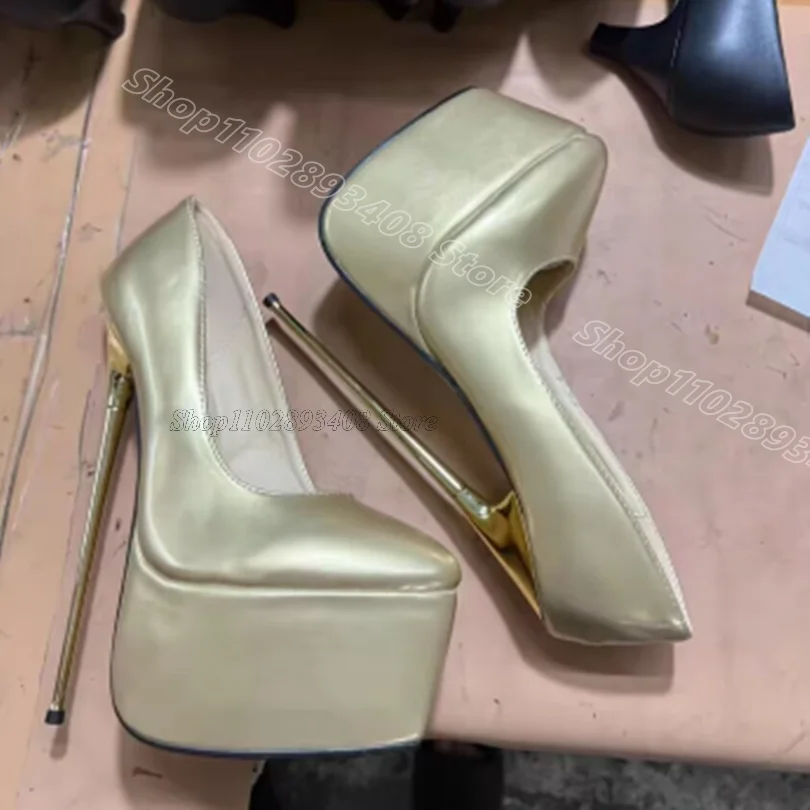 

Gold Metal Heels Platform Pumps Slip on Pointed Toe Spring British Style New Fashion Party Sexy Pumps 2025 Zapatos Para Mujere