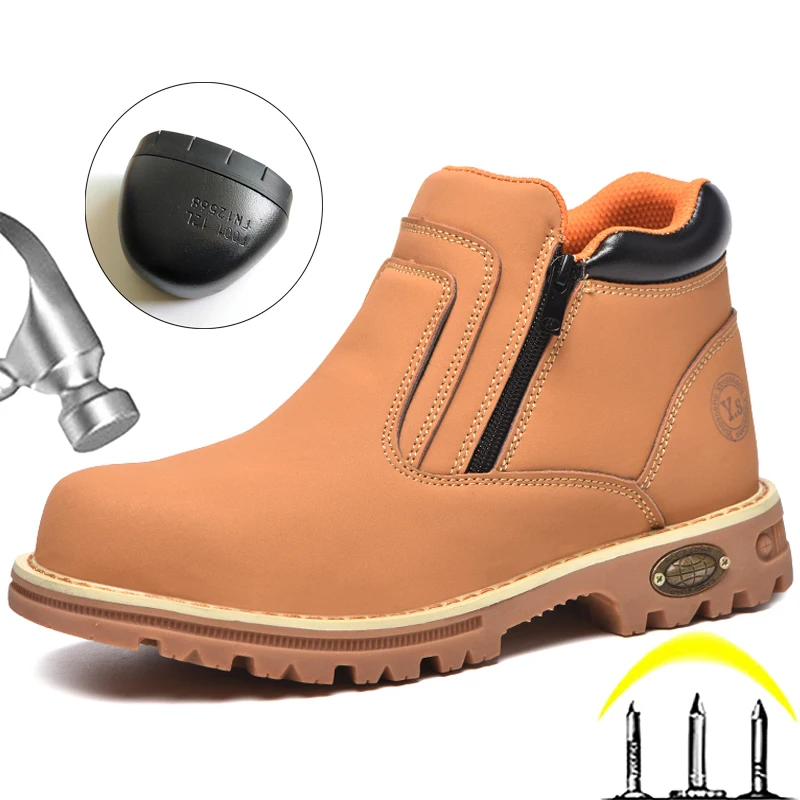 Work Boots Men Side Zipper Men Boots Steel Toe Shoes Safety Boots Protection Shoes Anti Smash Anti Piercing Indestructible Shoes
