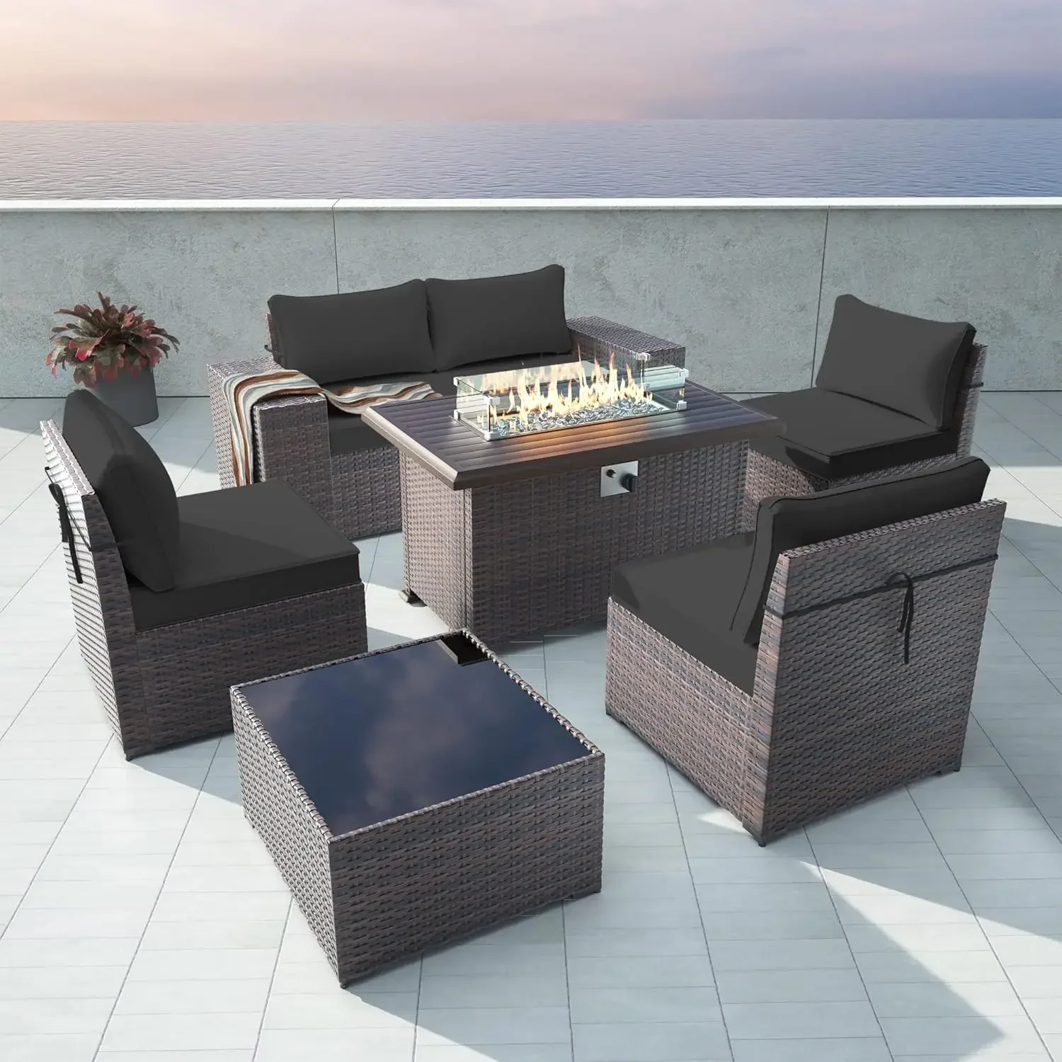 7 Piece Outdoor Patio Furniture Set with Gas Fire Pit Table Patio Furniture Sectional Sofa w/43in Propane Fire Pit, 55,000 BTU