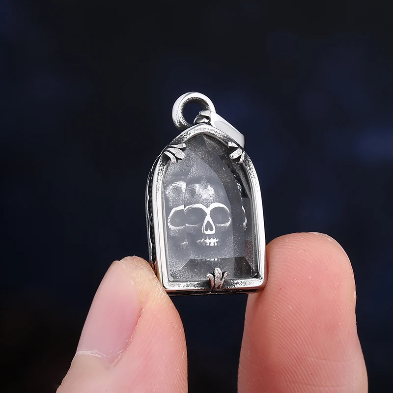 316L Stainless Steel Skull Pendant Necklace With Glass Charm Unisex Personality Couple&Wedding Gift Jewelry Fashion Accessory