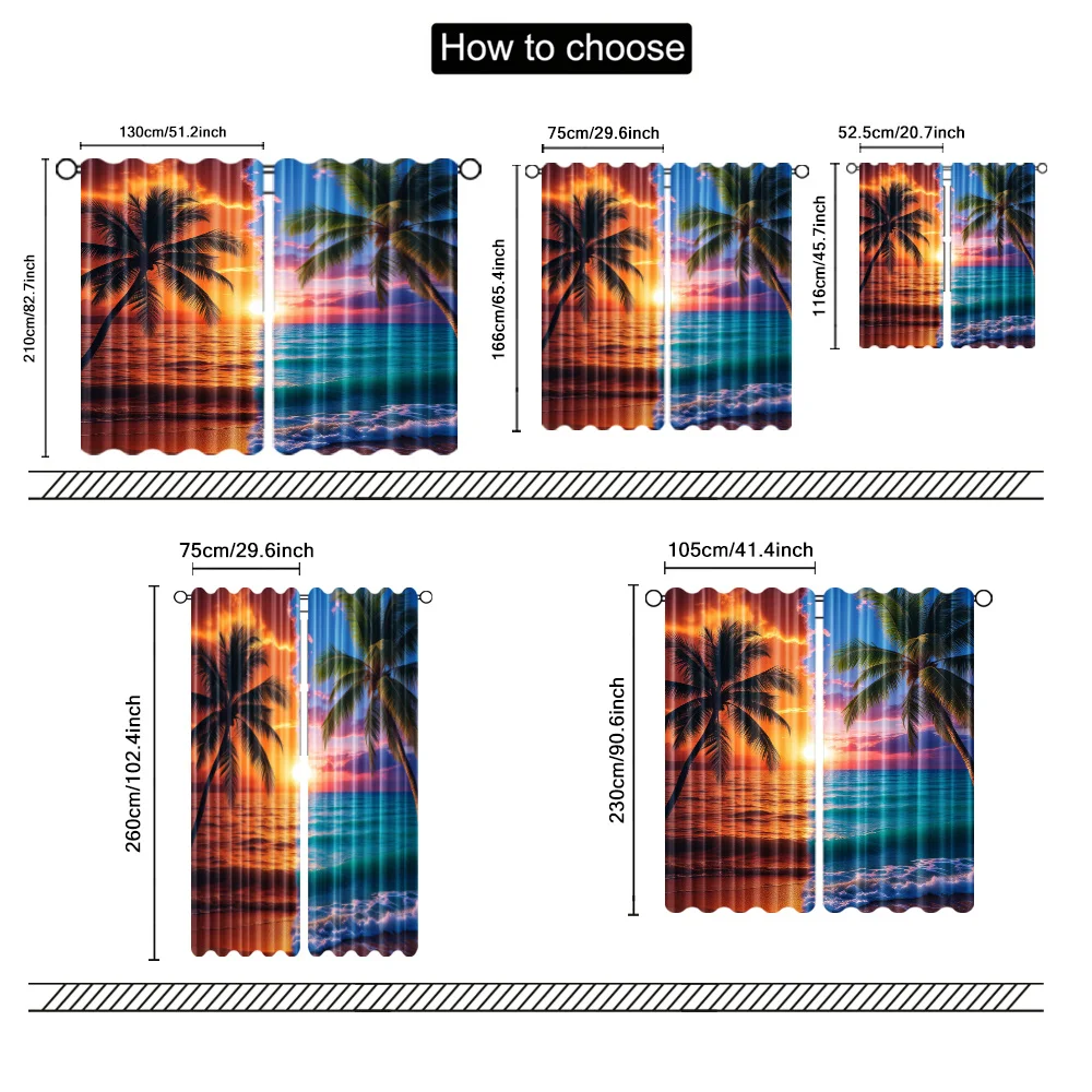 Beach pattern from sunset to sunrise Print Drapes Room Darkening Window Curtains Home Decor,Rod Pocket Blackout Curtains Bedroom