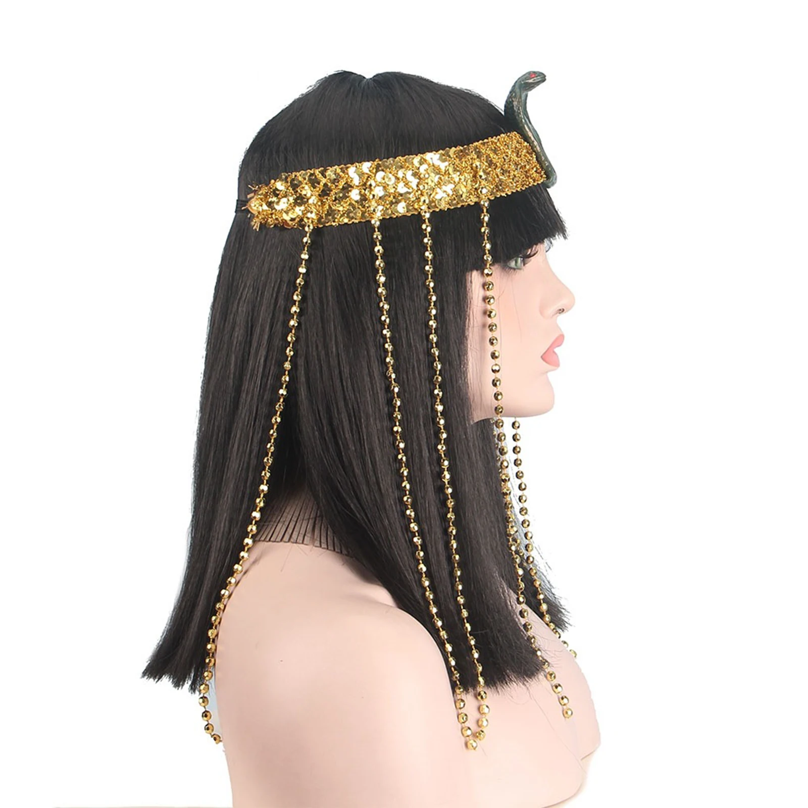 Cleopatra Egyptische Koningin Pruik En Kralen Franje Slangenhoofdband Steil Haar Pruik Egypte Halloween Cosplay Accessoires