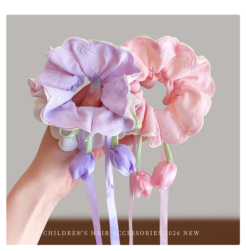 Neue bestickte Tulpen-Haarschleifen: Süße Prinzessinnen-Haargummis, schonend für das Haar, hohe Elastizität für Baby-Mädchen und Kleinkinder – Haar-Accessoires – Detail 5