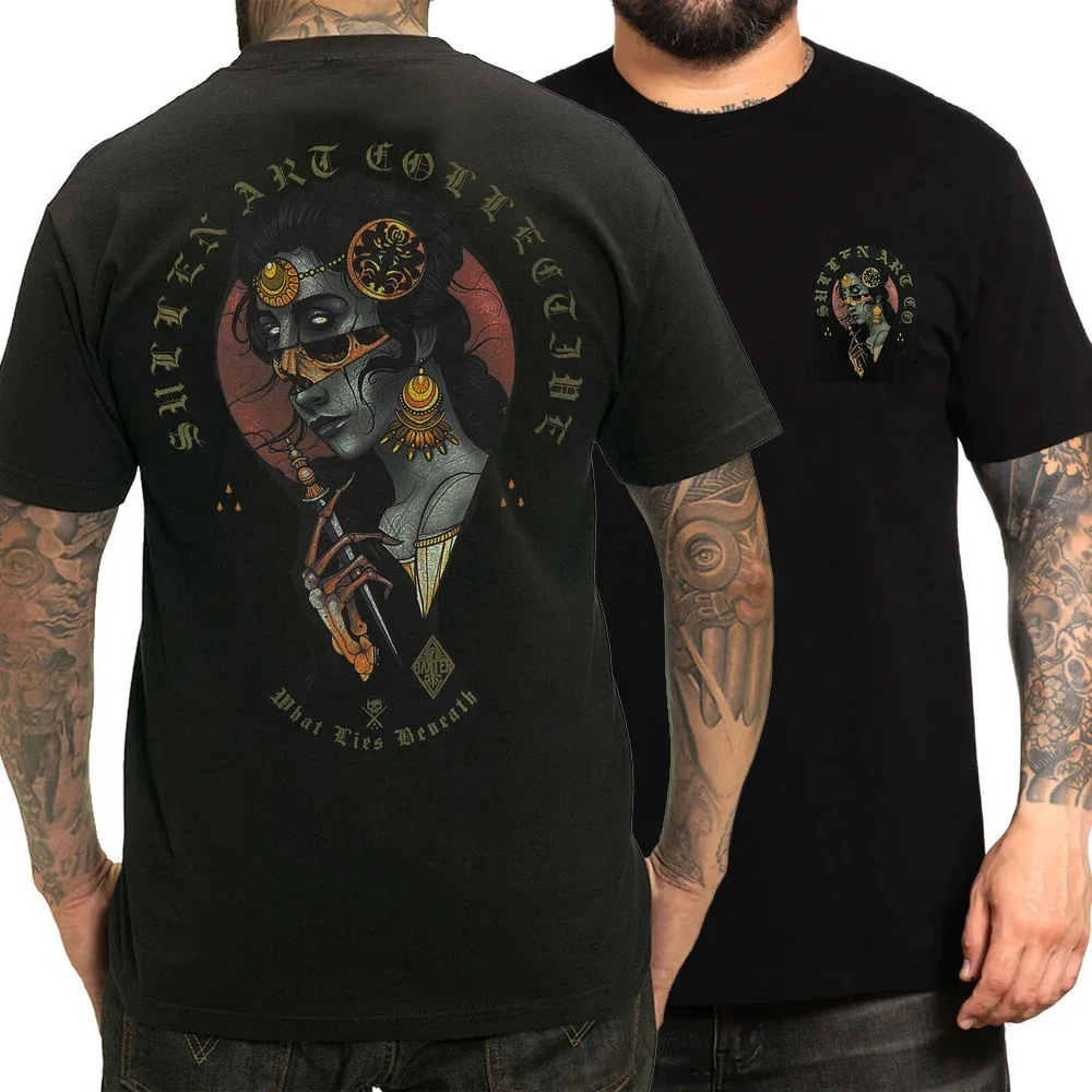 What Lies Beneath- Vintage Beauty Skull Tattoo Pattern Printed T-Shirt 100% Cotton O-Neck Short Sleeve Casual Mens T-shirt