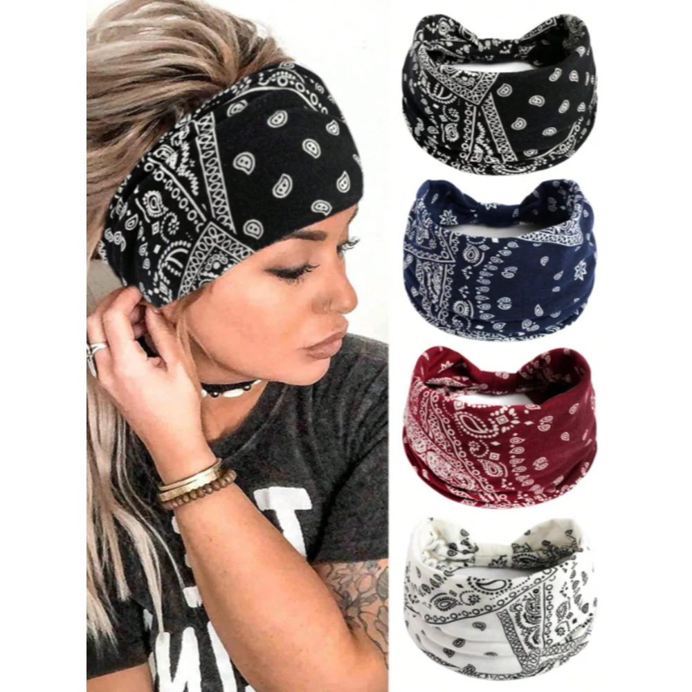 4 Pack Boho Paisley Wide Headbands for Running Yoga Sweat Absorbing Sports Headwrap