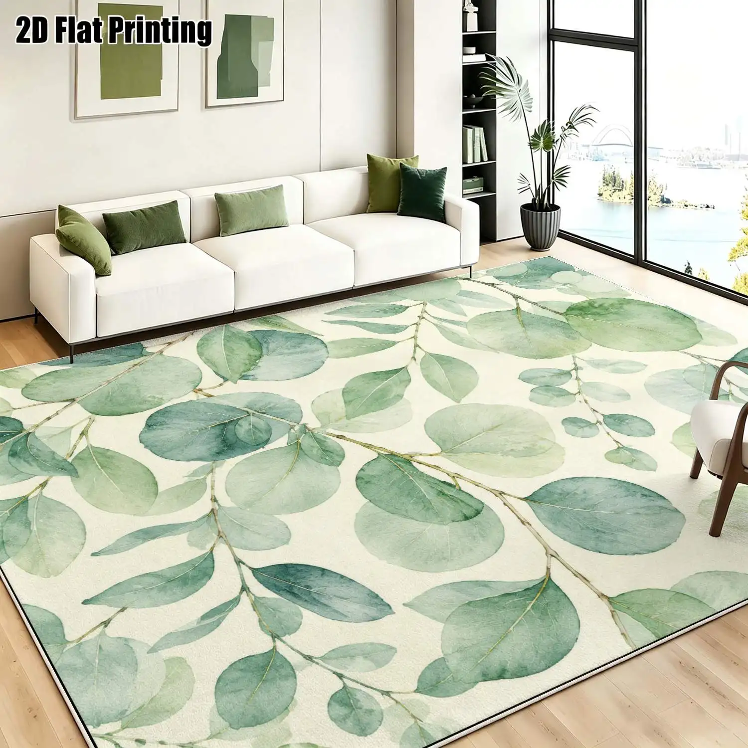 1Pc 2D Printed Velvet Eucalyptus Leaf Nordic Carpet, Instagram-Style Modern Minimalist Floor Mat, Machine Washable, Multi-Size for Home Decor