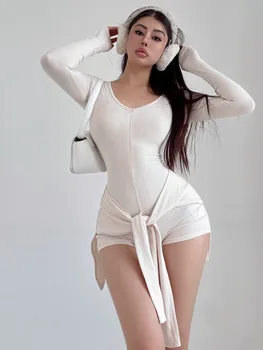 Tuta sexy con cerniera scollo a V metà aperta top donna 2024 autunno inverno cinturino in vita tuta a due pezzi moda donna N3BS