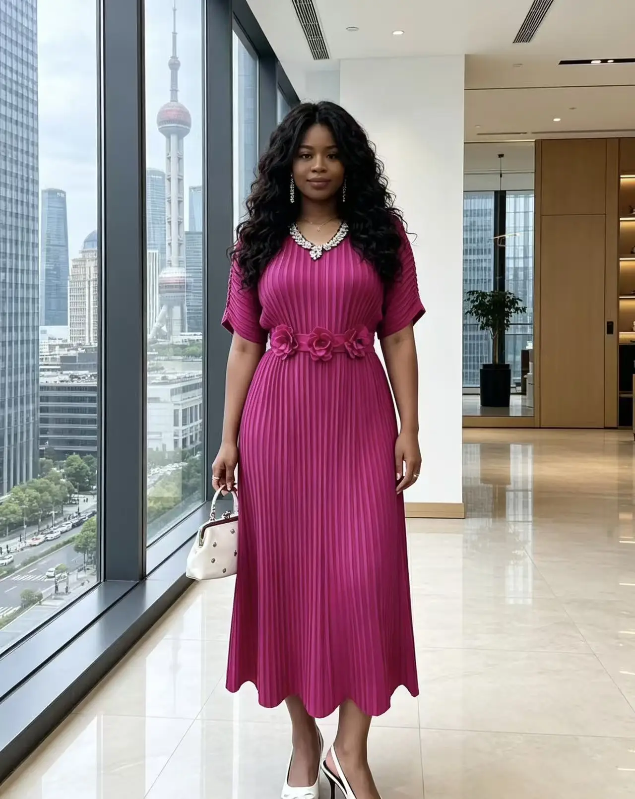 

Miyake Pleated Loose Fashion Casual Dress Loose Heavy Industry Nail Drill V-neck Long Dress Women's Clothing 2026 New
