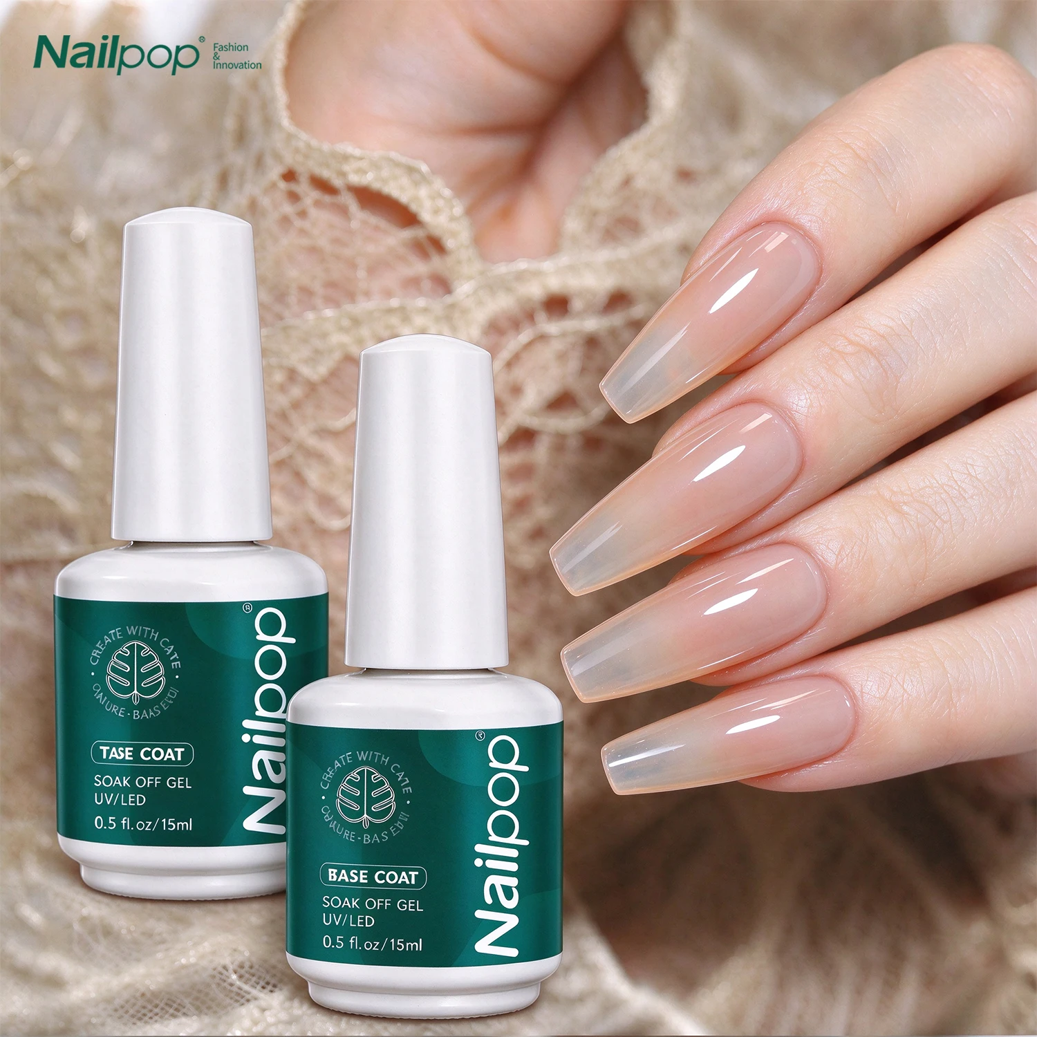 Nailpop Base Coat & Top Coat Gel Set HEMA/TPO Free Professional UV LED Cured Soak Off Glossy Finish Anti Scratch Clear 1/2pcs