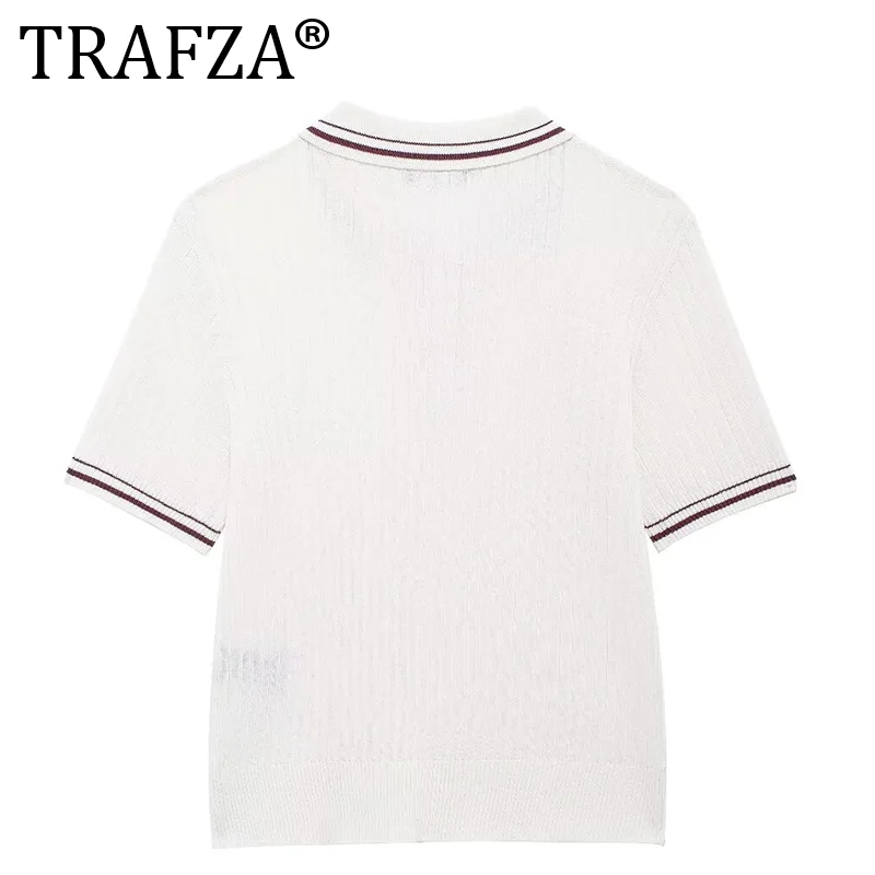 TRAFZA Women Summer Fashion Turn Down Collar Short Sleeve Button Decoration Ribbed Sweater Top Female Knitted Slim Pullover Tops