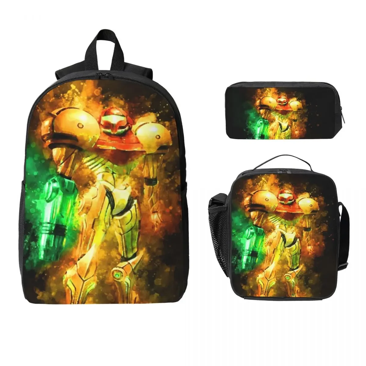 Metroid Samus Aran Prime Hunter Backpack Student Boys Girls BookBag School Bag Shoulder Bags 3ps Insulated Lunch Bag Pencil Case