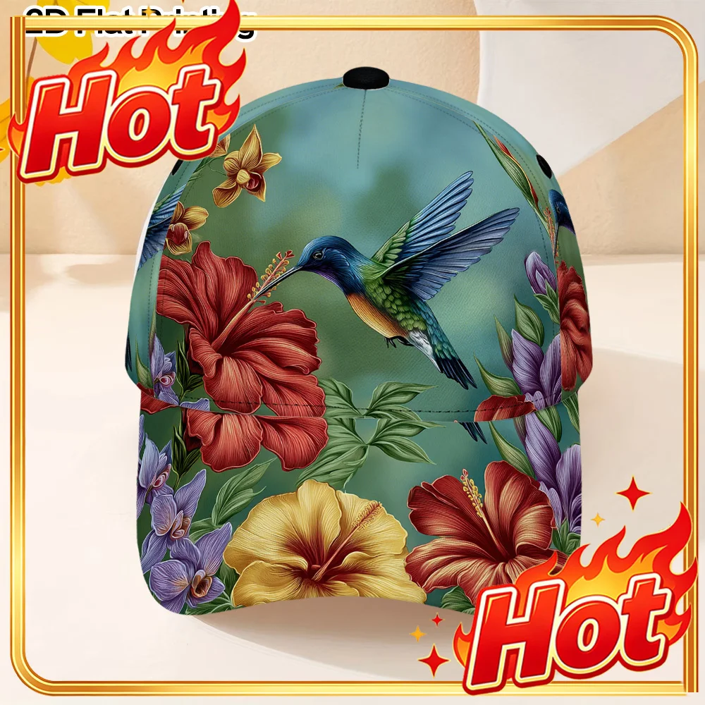 Custom [Hummingbird Print Baseball Cap] 2D Flat Hummingbird Among Vibrant Flowers Print Baseball Cap - 1pc, Woven, Adjustable