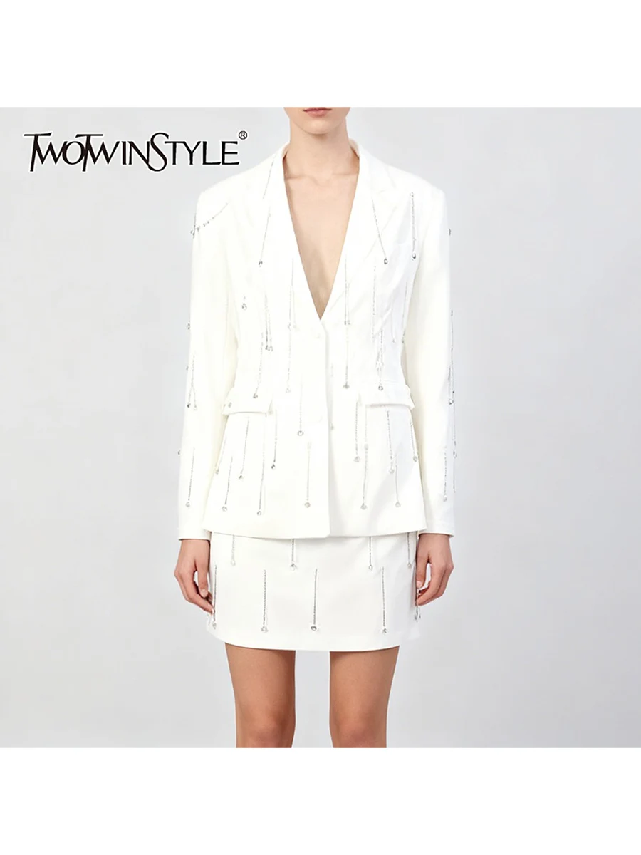 TWOTWINSTYLE Solid Spliced Tassel Two Piece Sets for Women Lapel Long Sleeves Blazer High Waist Short Skirt Luxurious Set Female