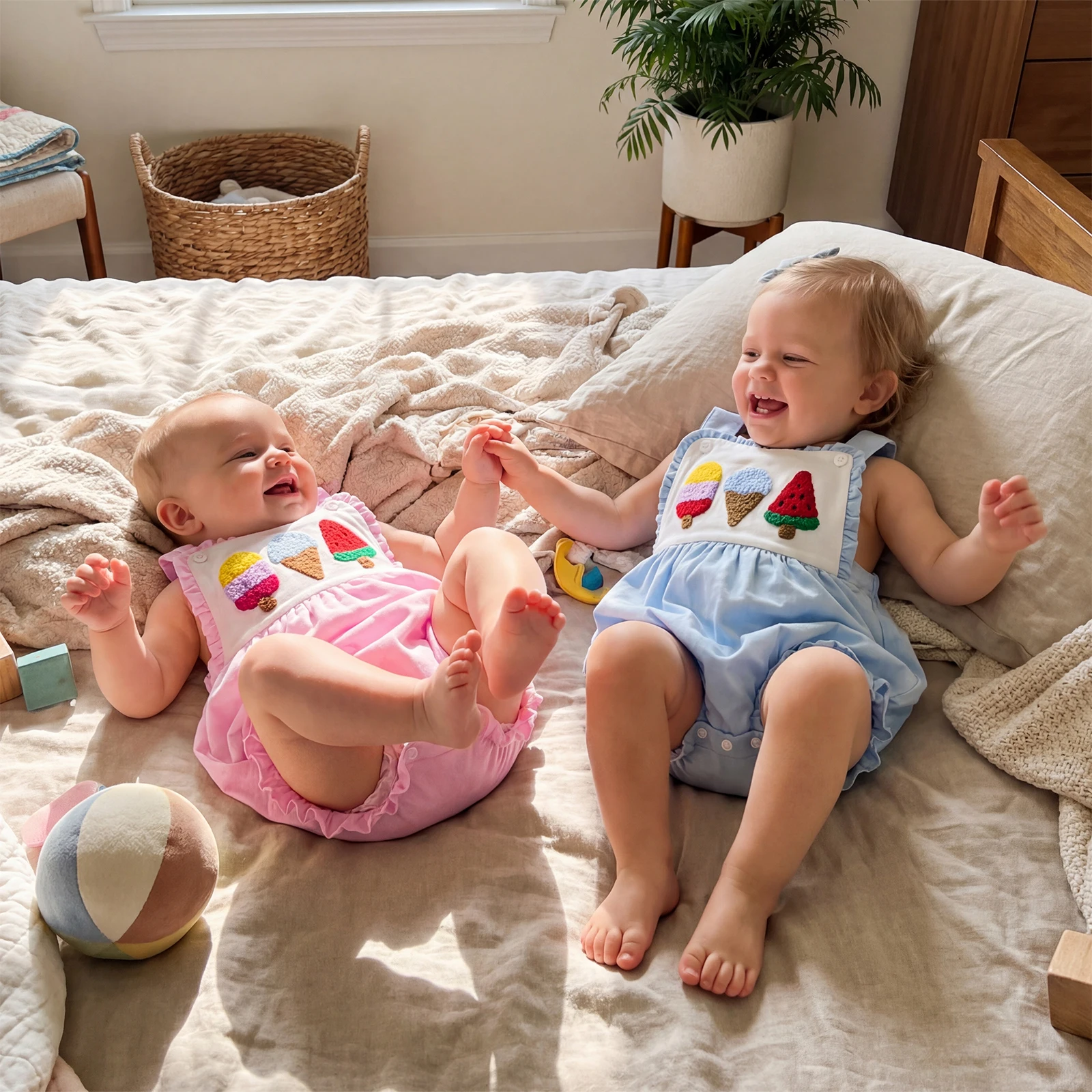 Bonito verão bebê meninas macacão sorvete bordado botões sem mangas infantil bodysuits macacões roupas