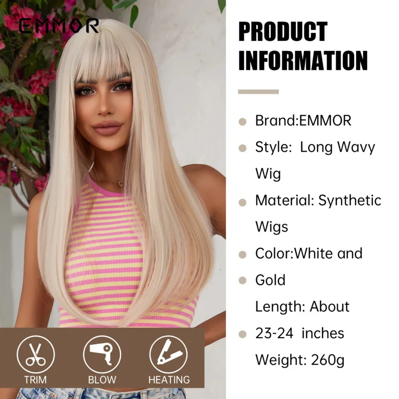 Emmor Platinum Blonde Ombre White Highlight Dark Roots Synthetic Wigs for Women Long Straight Cosplay Wig Heat Resistant Hair