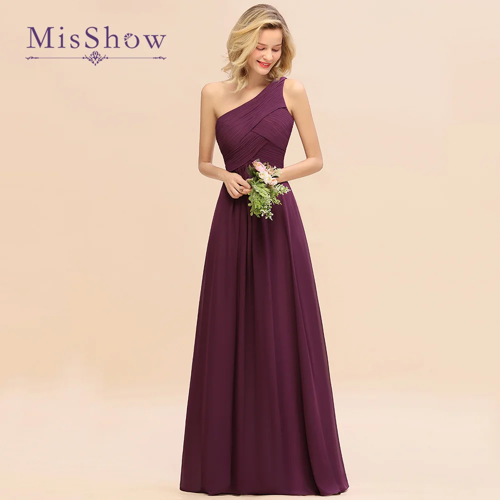 Elegante um ombro vestidos de dama de honra das mulheres para a festa de casamento plissado longo chiffon formatura vestidos de noite feitos sob