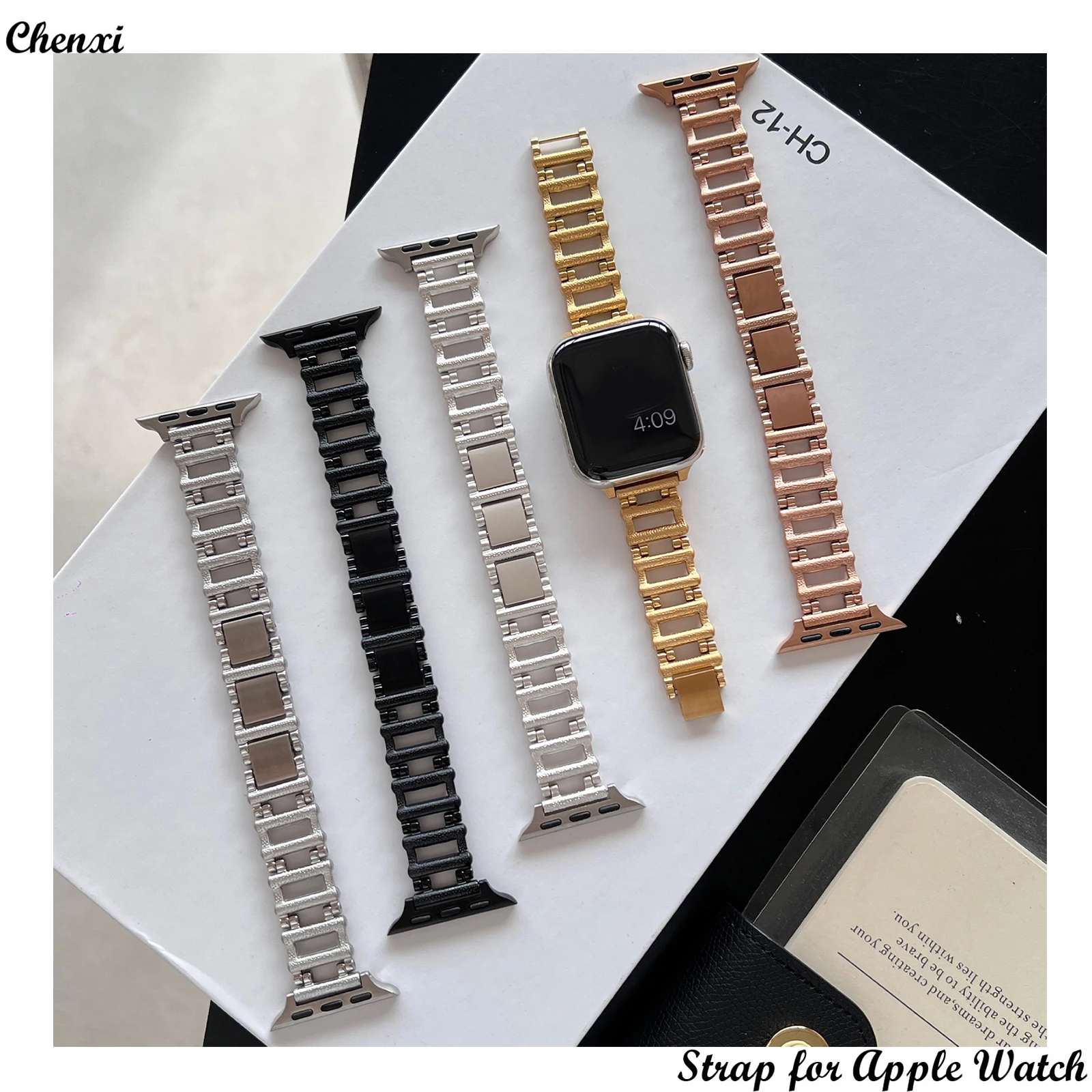 

Metal Strap for Apple Watch Band Men and Women Stainless Steel Chain for Iwatch987654SE Ultra40 41 44 45mm Hollowed steps Wrist