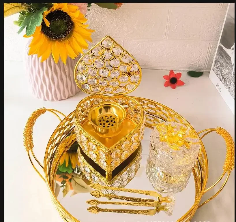 Gold Heart-shaped Incense Set Arab Glass Crystal Bakhoor 4 In 1 Censer Home Decor Ornaments Tearoom Cone Holder