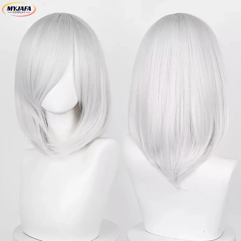 High Quality 40cm Medium Long Cosplay Wig With Bang Blond Pink Red Purple Blue Gray Heat Resistant Synthetic Hair Wigs + Wig Cap