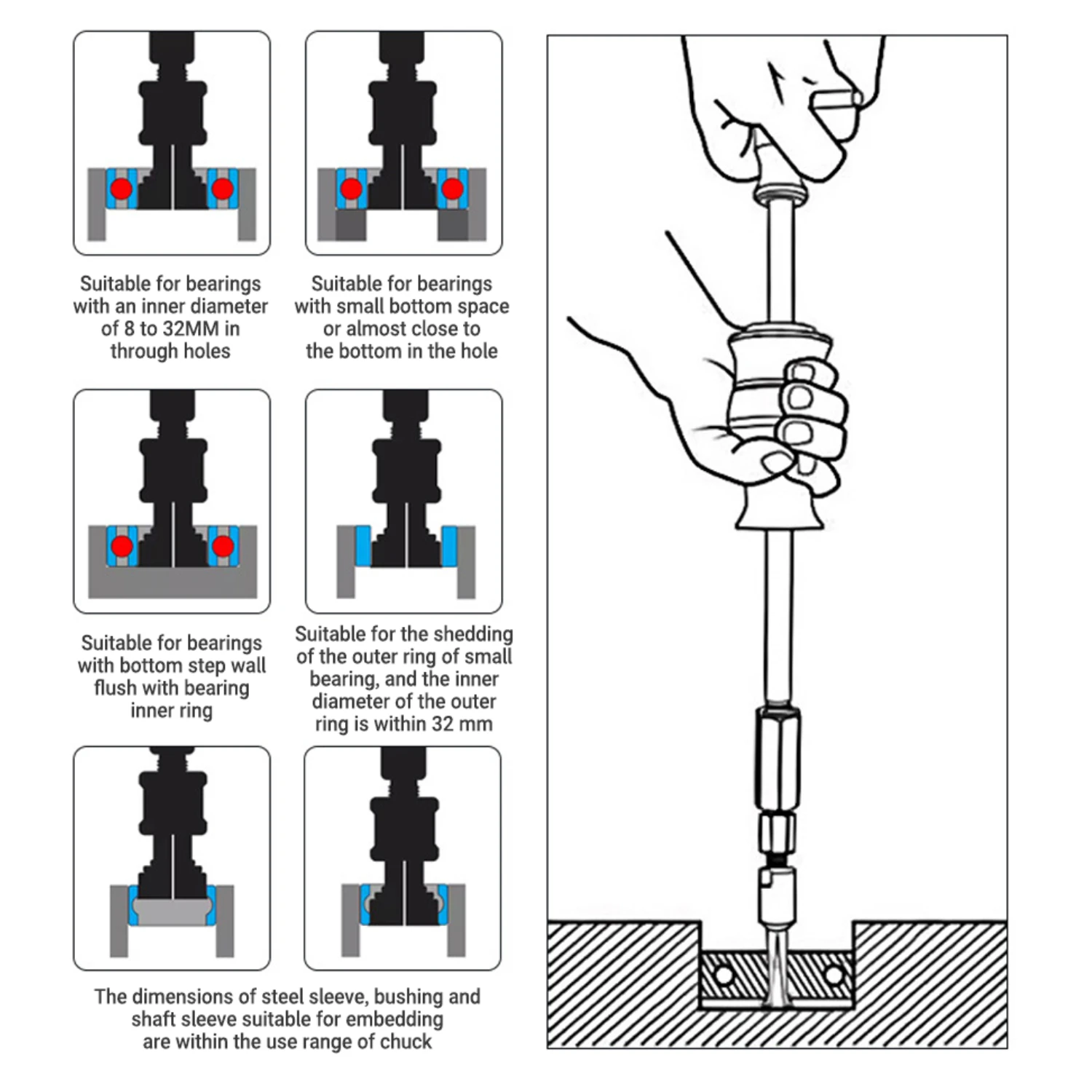 Outil de retrait de roulement interne robuste 12 pièces/ensemble-extracteur de marteau coulissant avec plusieurs extracteurs pour les Applications de trous aveugles