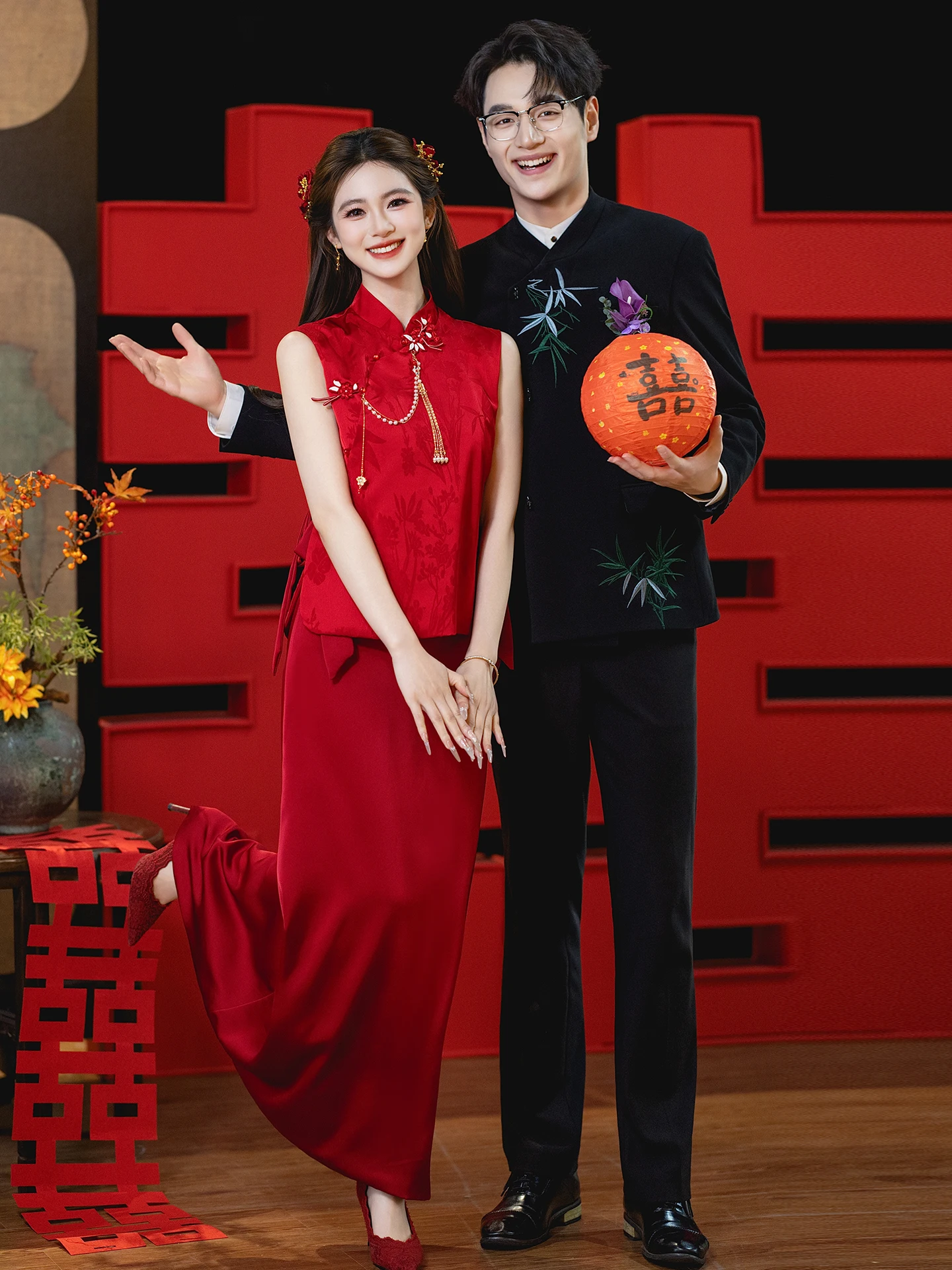 

Red Chinese Style Set for Women Engagement Party Wear Breathable Long Dress No Sleeve Wedding Guest Robe