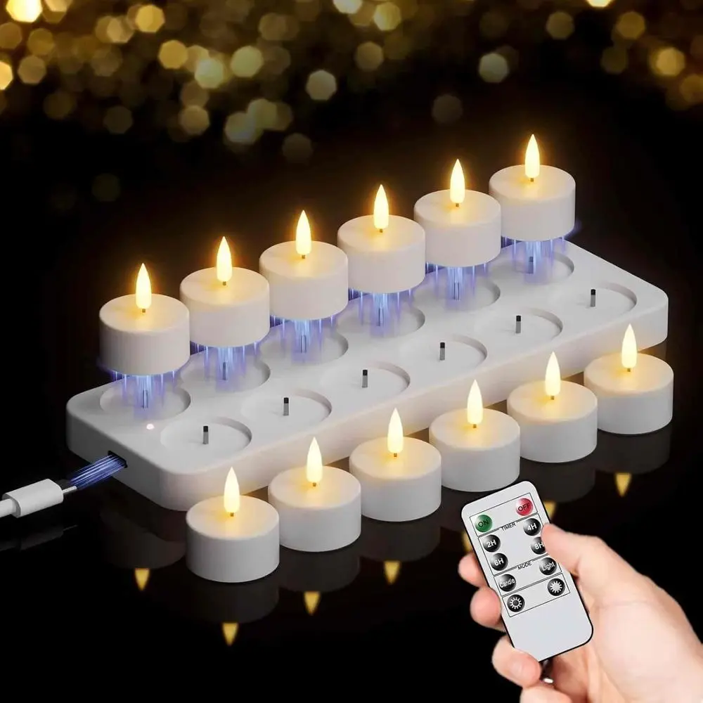 12 Rechargeable Tea Lights Candles with Charging Base and Remote Timer, LED Tealight Candles Battery Operated Halloween Wedding