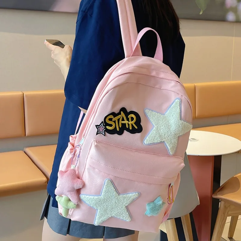 New Girls Backpacks Cute Stars Design Campus Sweet Schoolbag Pink White Contrast Cute Large Capacity Corduroy Backpacks