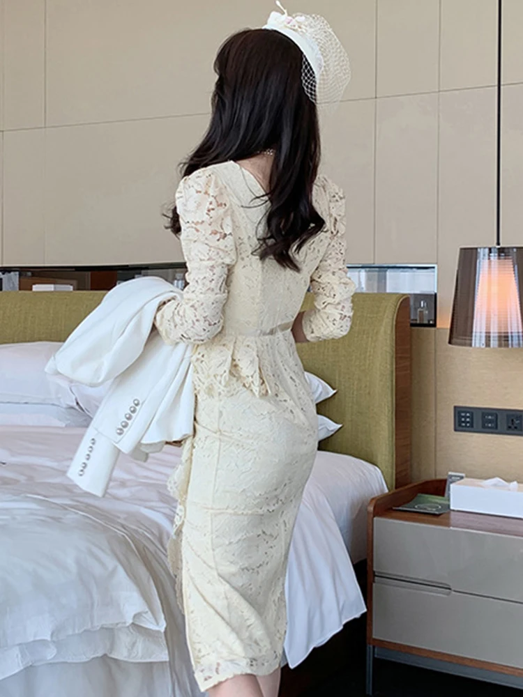 여성용 우아한 연회 드레스, 달콤하고 로맨틱한 레이스 버블 소매, 스플릿 러플 로브, 여성 파티/프롬 드레스