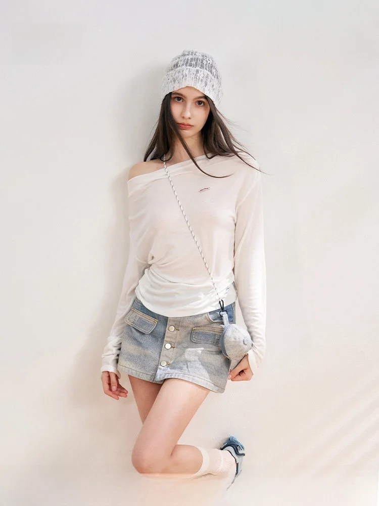 

Liilou Comfortable Cotton Denim Print High Waist A-Line Skirt Heavyweight Waed Retro Sle Women's Casual Skirt