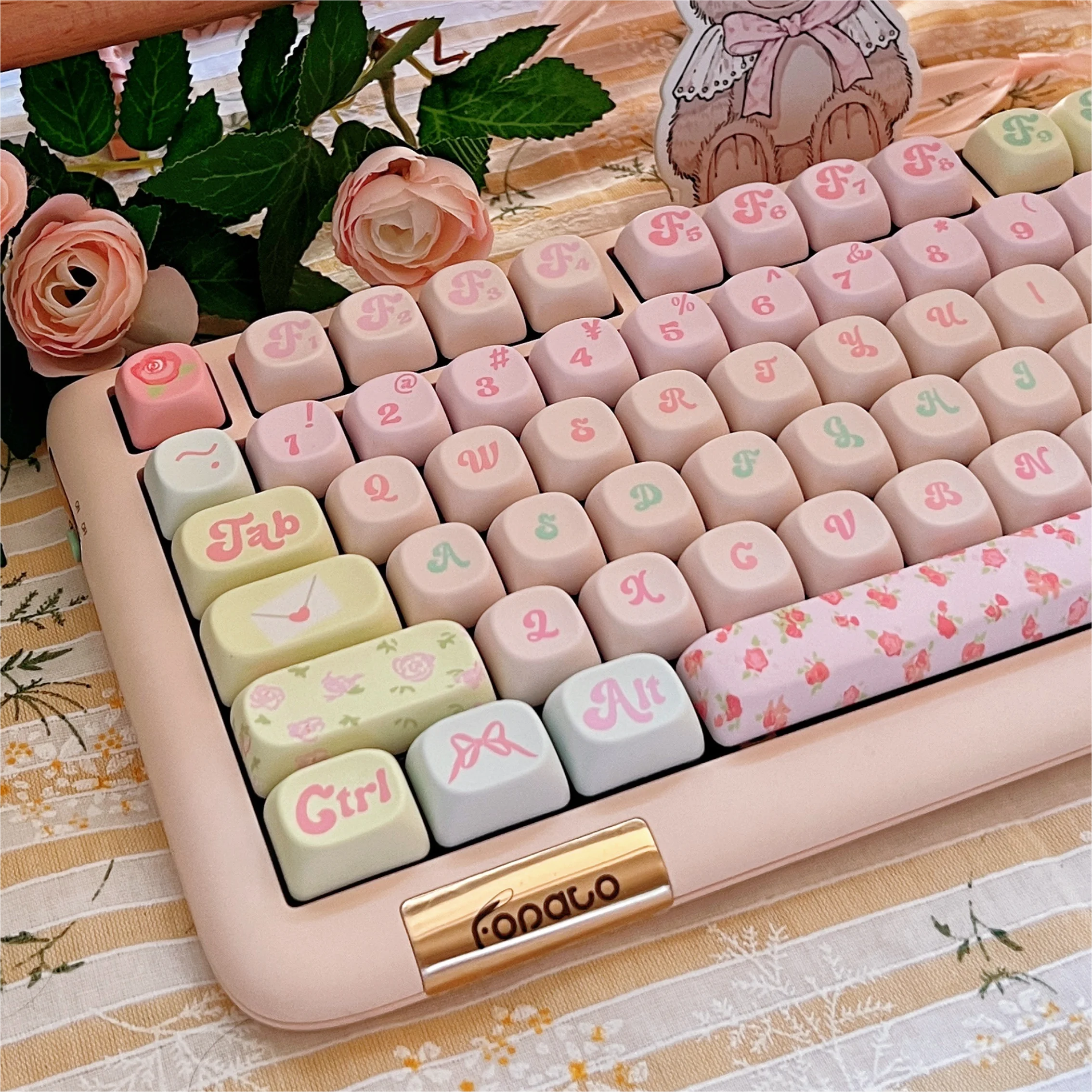 

Rose Ice Dream Theme Pink Keycap XOA/Cherry Profile Sublimation PBT Mechanical Keyboard Keycaps Cute Bow Floral Element Key Caps