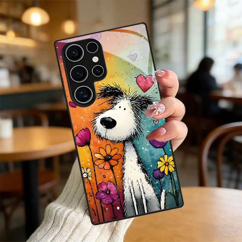 

Tempered glass phone case For Galaxy S26, S21, S22, S23, S24, S25, and FE Ultra Plus. Cartoon dog, heart, and flower design.