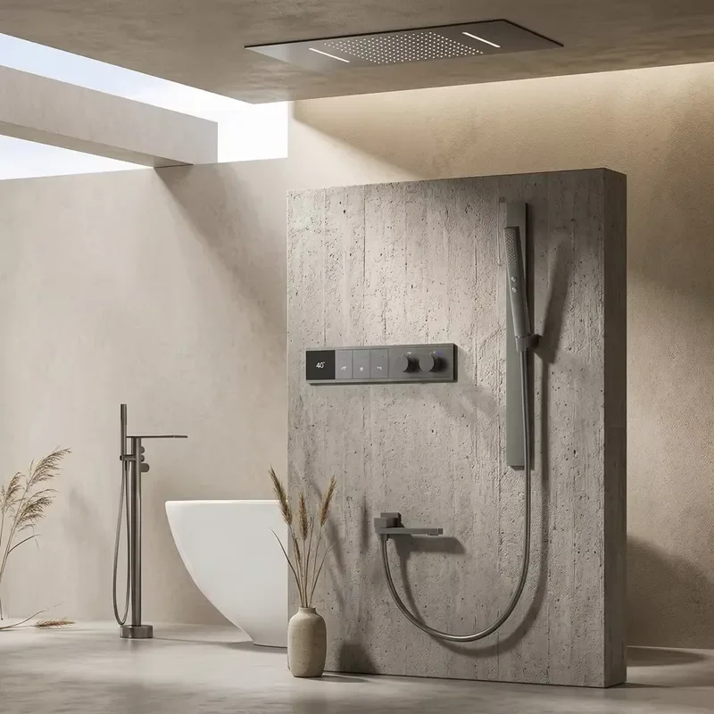MYN Concealed Wall-Mounted Thermostatic Digital Display All Copper Embedded Shower Set Thermostatic Faucets for Household