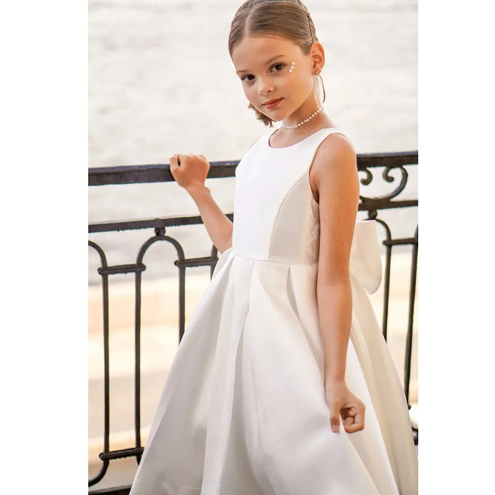 Ivory Flower Girl Dress For Wedding Satin Sleeveless With Bow Princess Elegant Child First Eucharistic Birthday Party Dress