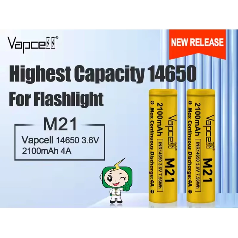 بطارية Vapcell 14650 M21 الأصلية 2100mah 4A 3.7V بطاريات ليثيوم قابلة للشحن ذات سعة عالية 14650 خلية ليثيوم أيون لمصباح يدوي
