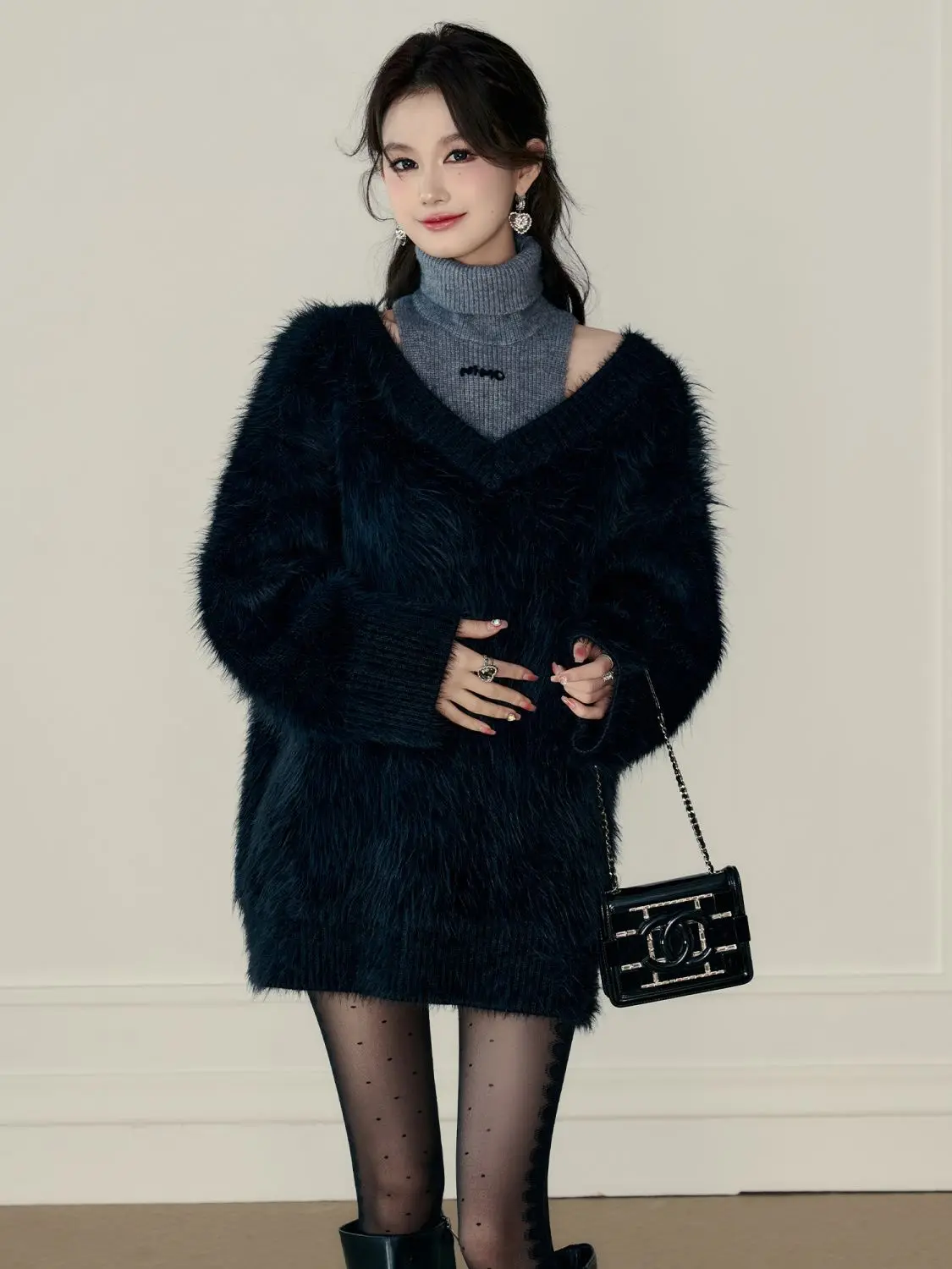 

Pink Sweater Women's Off Shoulder Turtleneck Faux Mink Two-in-One Sweet Sexy Fall Top