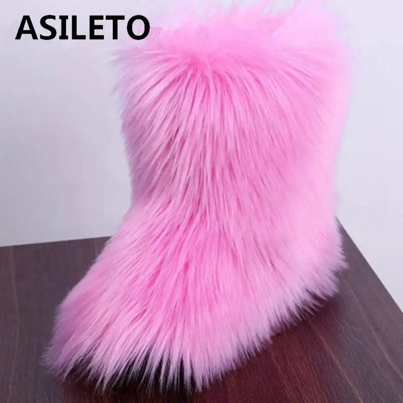 

ASILETO Winter Women Snow Boots Genuine Real hairy Ostrich Feather furry Fur Flats plush warm ski Outdoor boots shoes botte