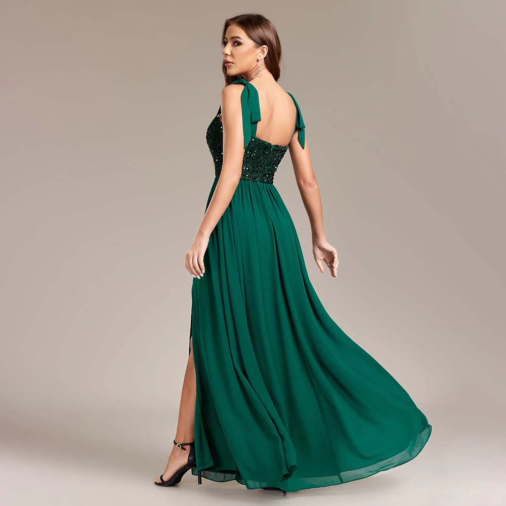 Sleeveless Activity Lace Up Evening Dresses Dark Green Long Birthday Party Gown Elegant A-Line Sequin Chiffon Formal Dress