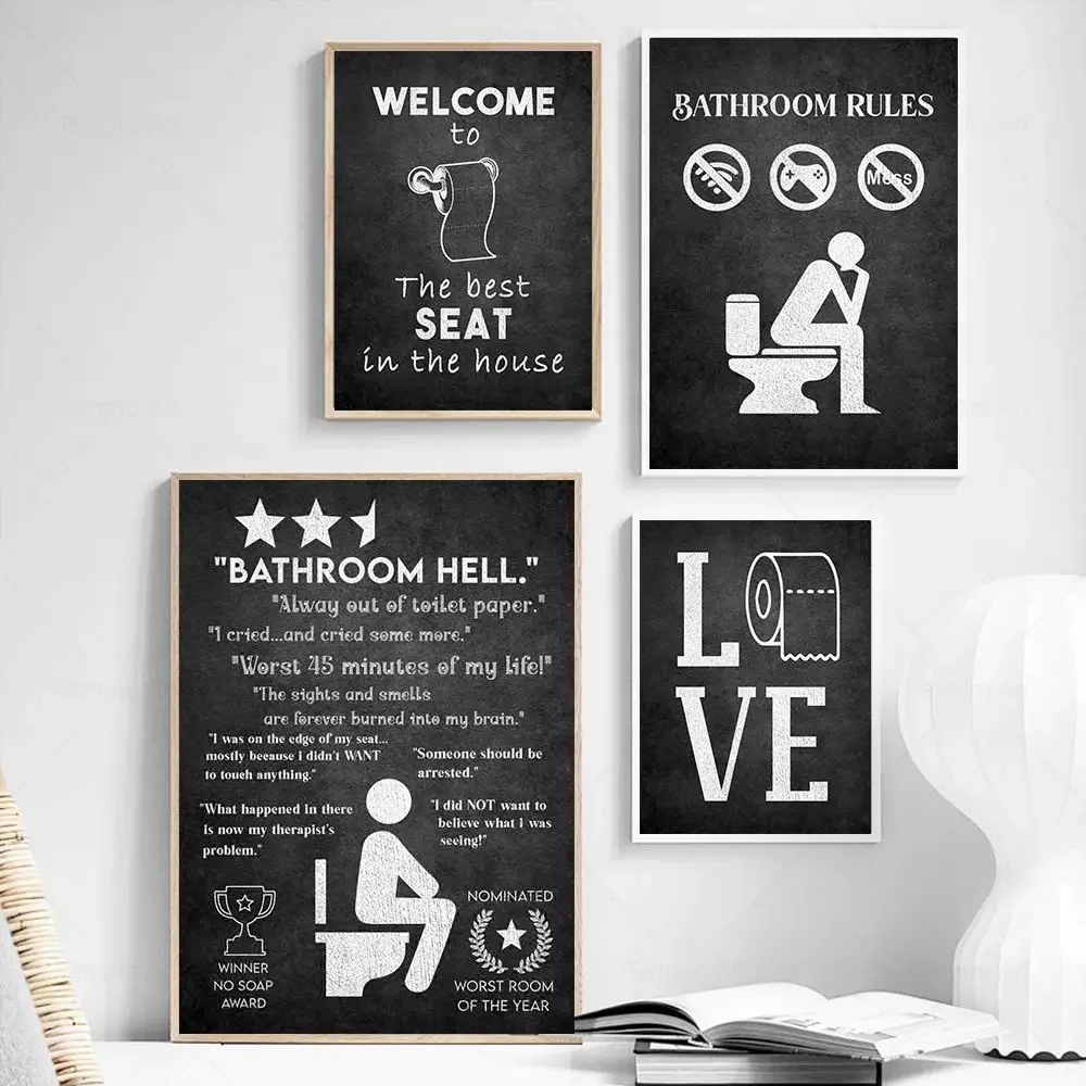 Bathroom Hell Funny Best Seat Toilet Paper Posters Print Humor Black White Quotes Canvas Painting Wall Art Bathroom Room Decor