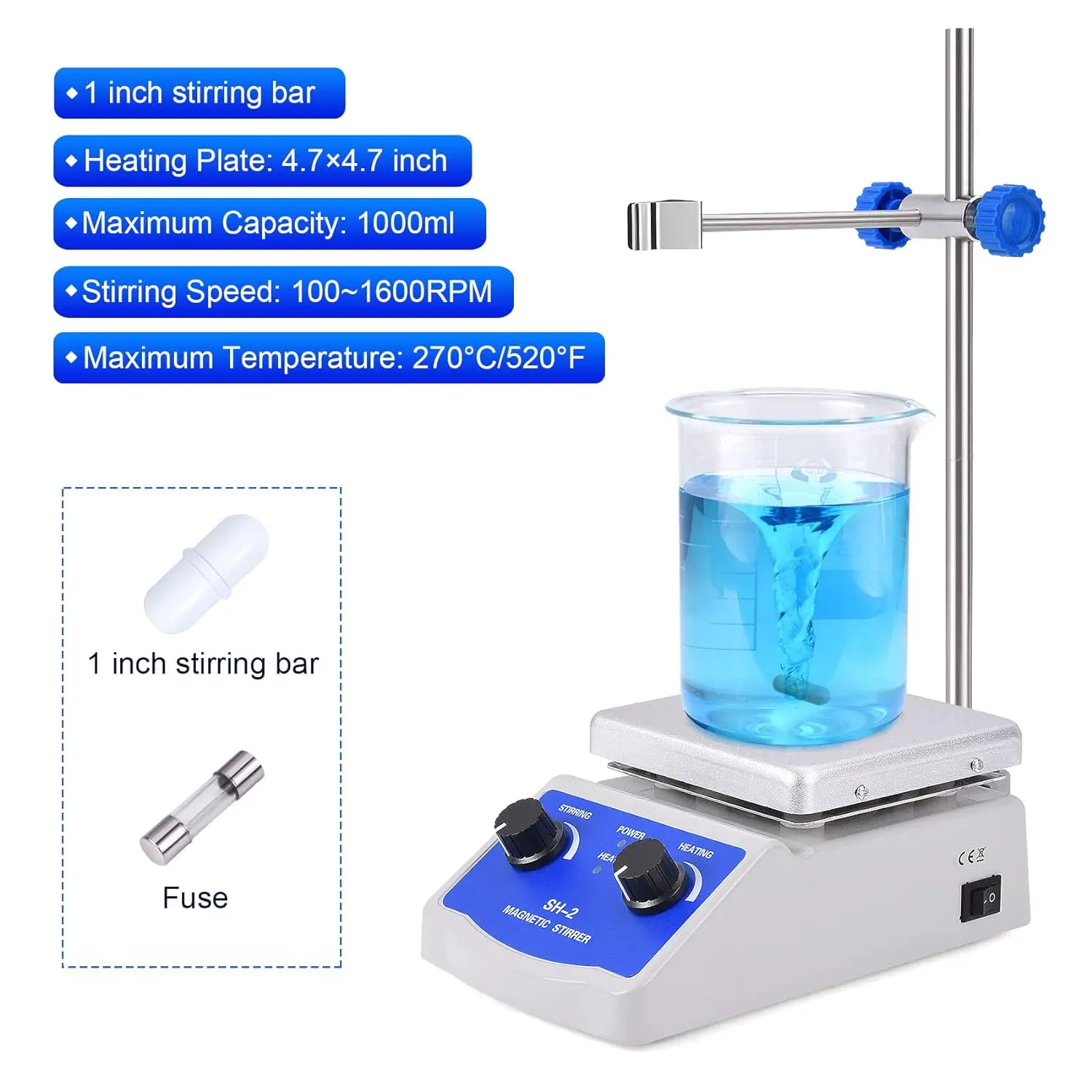 New Magnetic Stirrer Hot Plate Mixer Max 520℉Lab Hotplate Stirrer 2000 RPM Stir Plate with Thermometer Stirrer Bar Support Stand