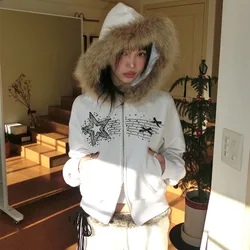 Vintage Millennium Hot Girl Hoodie Luxury Fur Hair Hooded Short Jacket Shooting Star Graphic Y2K Printed Black White Sweatshirt