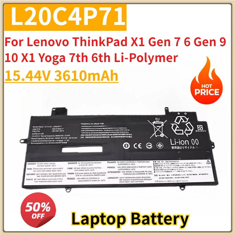 

New Replacement Laptop Battery 15.44V 3610mAh L20C4P71 for Lenovo ThinkPad X1 Gen 7 6 Gen 9 10 X1 Yoga 7th 6th Li-Polymer