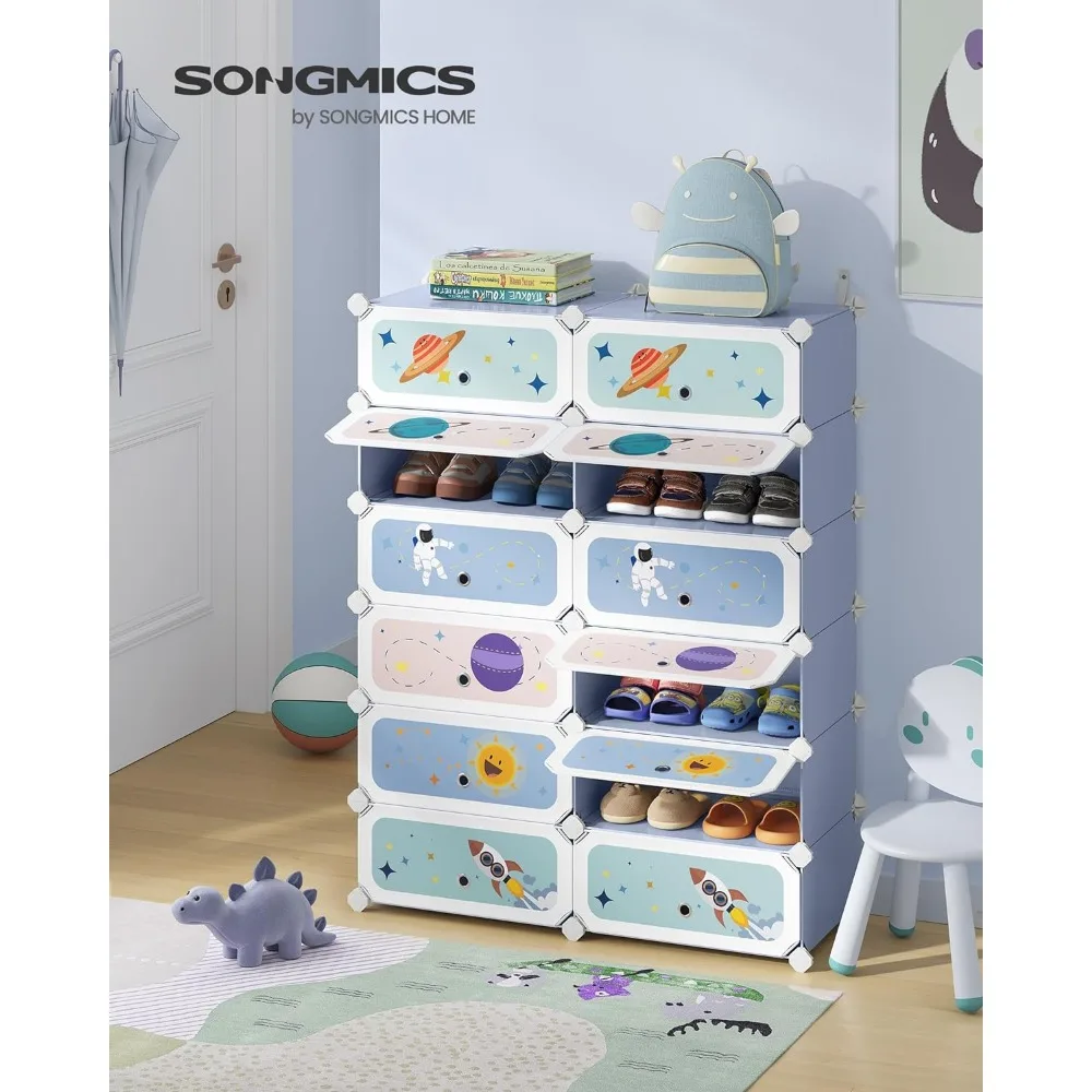 SONGMICS Kids' Shoe Rack Doors,12-Slot Stackable Storage Organizer,Plastic Wardrobe,Toys,Books,Clothes,12.2x 31.9x 41.7Inches