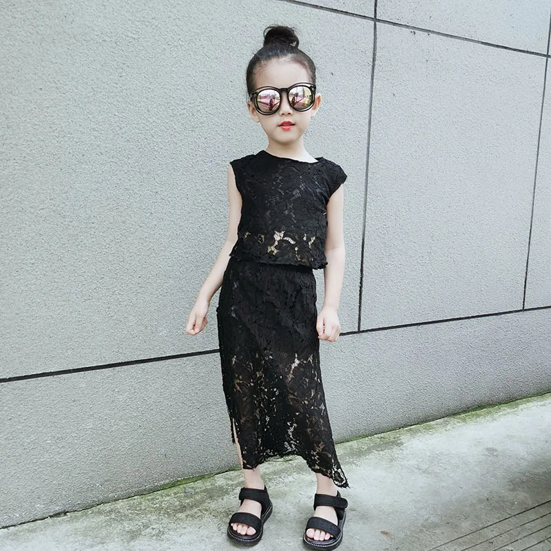 Black Baby Girls Lace Suit Sleeveless Vest Split Skirt Outfit Hollow Out Kids Clothing See Trough Mesh Streetwear 3 to 12 year